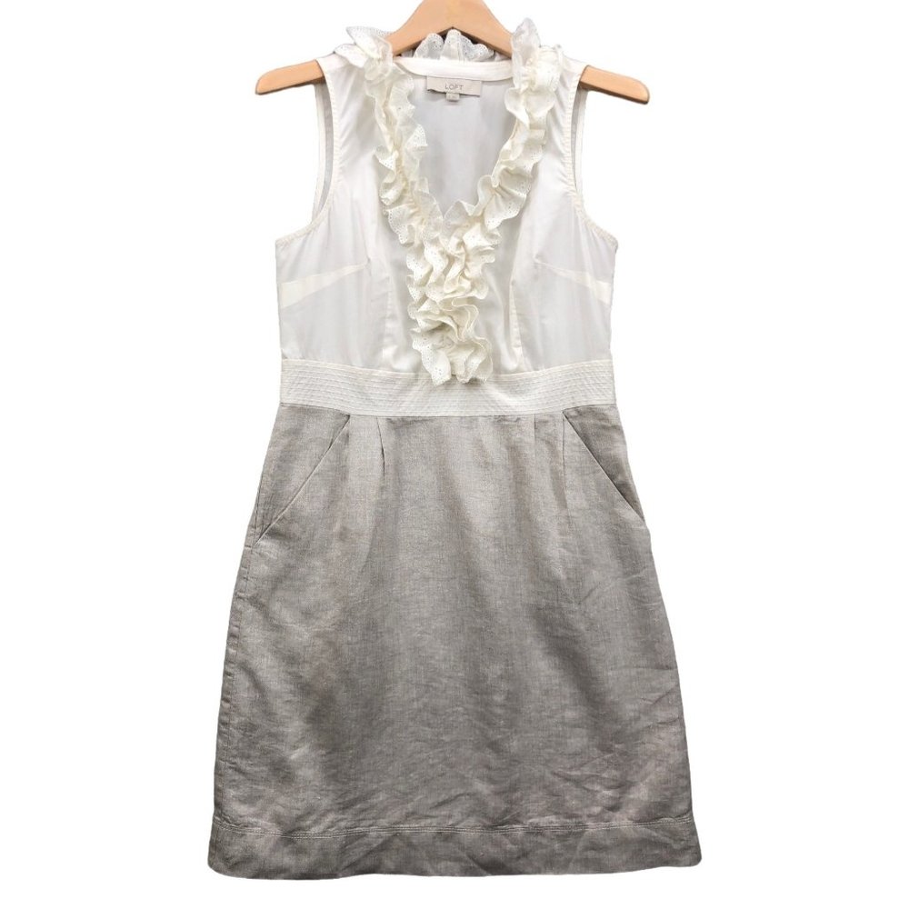 LOFT White and Light Gray Ruffle V-Neck Sheath Dress